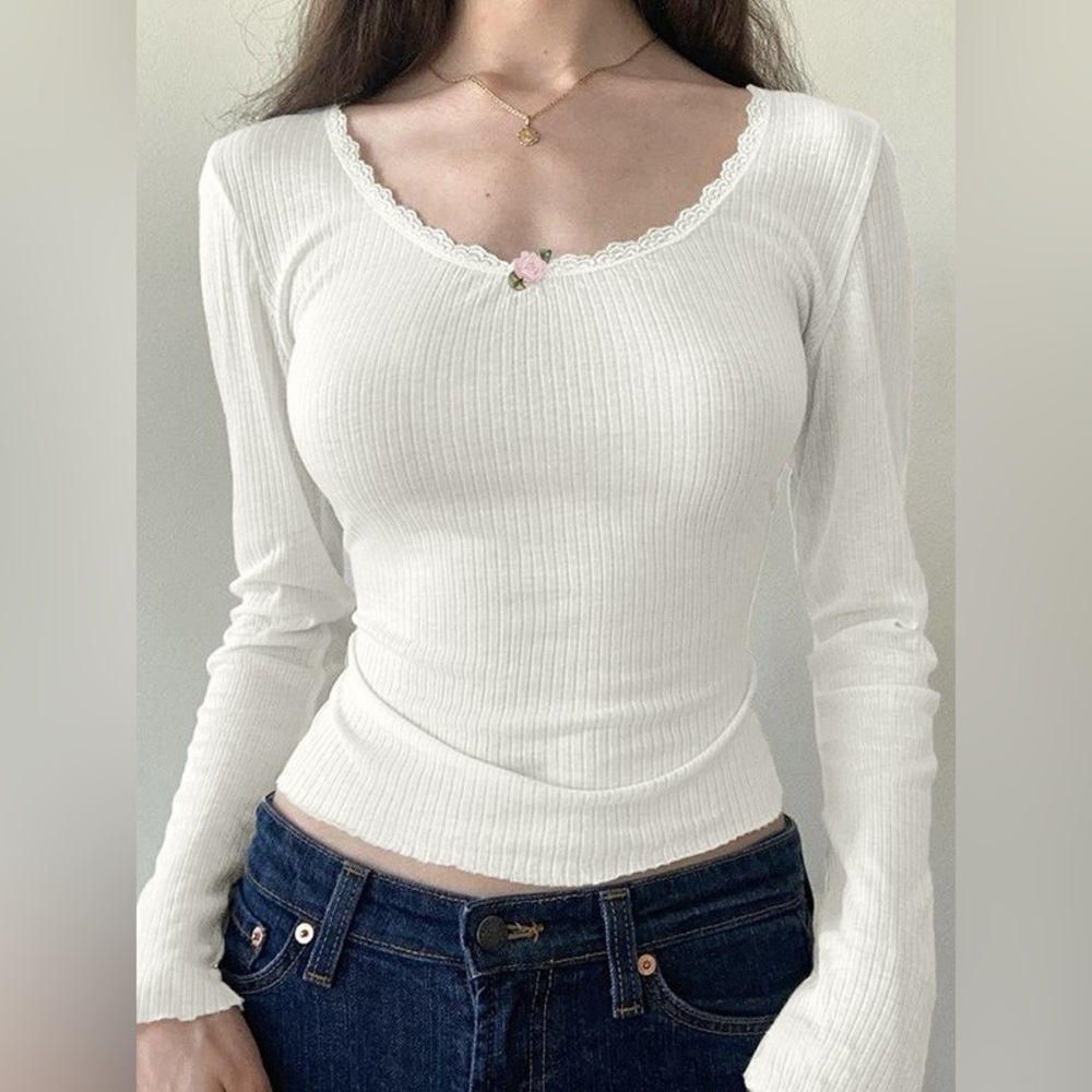 Lace Trim White Ribbed Knit Top